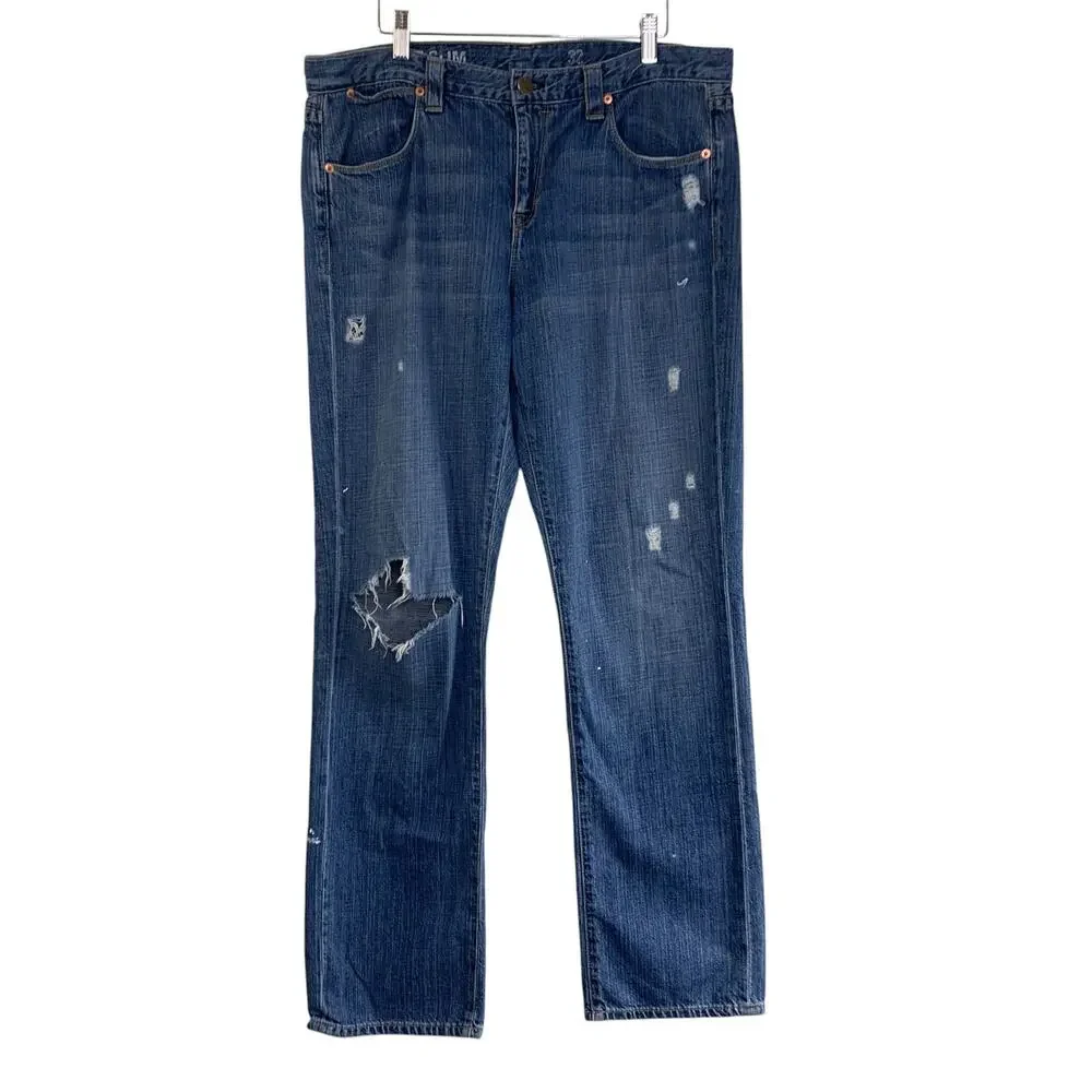 JCREW Vintage Slim Jeans Size 32X33 Destroyed Holes 100% Cotton Blue Paint Denim